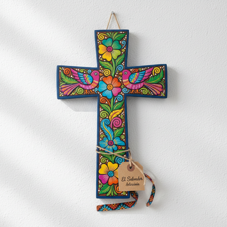 Salvadoran Hand-Painted Folk Art Wooden Cross – Floral & Bird Design
