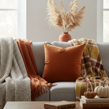 Burnt Orange Velvet Cushion styled on grey linen sofa with autumn blankets
