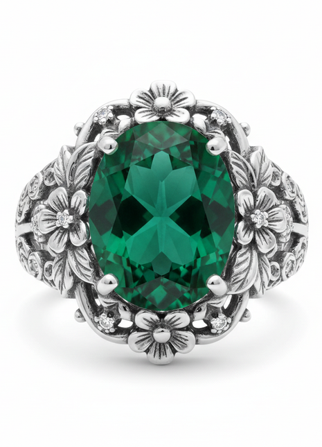 Women's Vintage Emerald Cocktail Ring – Sterling Silver
