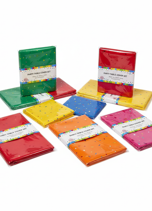 Disposable party tablecloths in bright festive colors