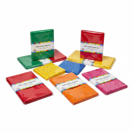 Disposable party tablecloths in bright festive colors