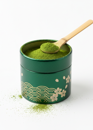 Premium ceremonial matcha green tea powder in Japanese tin with bamboo scoop