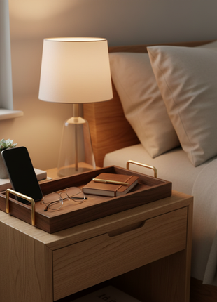 Oak & Brass Bedside Organizer Tray