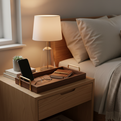 Oak & Brass Bedside Organizer Tray