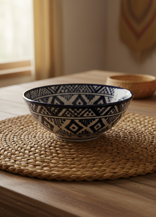 Salvadoran Hand-Painted Indigo Ceramic Bowl – Folk Art Geometric Design