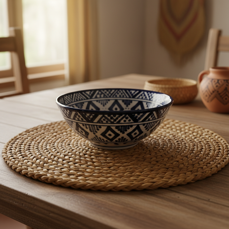 Salvadoran Hand-Painted Indigo Ceramic Bowl – Folk Art Geometric Design