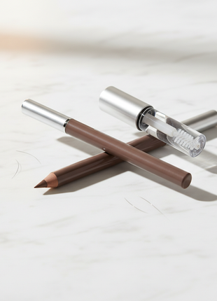 Slim precision brow pencil and clear brow gel with spoolie brush arranged on white surface