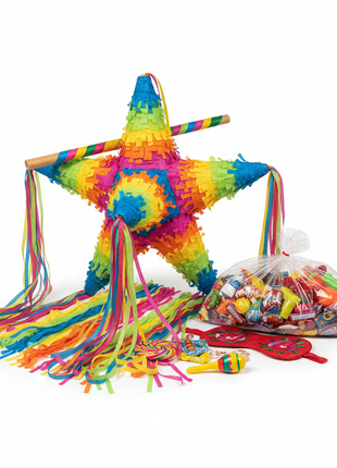 Colorful piñata supplies kit with star-shaped piñata, crepe paper, and candy filler