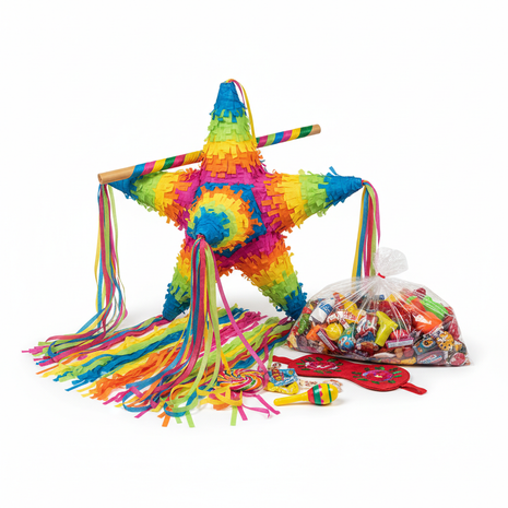 Colorful piñata supplies kit with star-shaped piñata, crepe paper, and candy filler