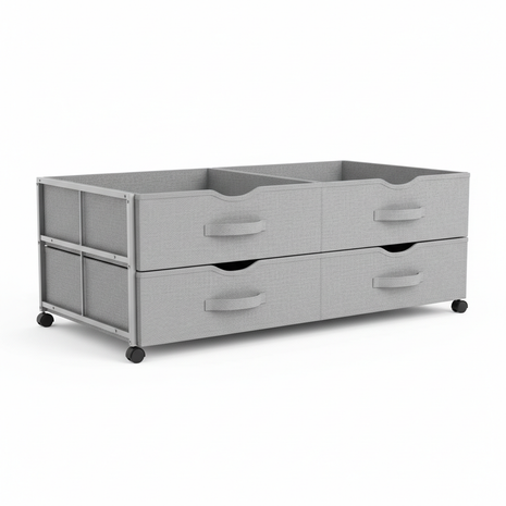 Under-bed storage drawer set with wheels in light grey fabric
