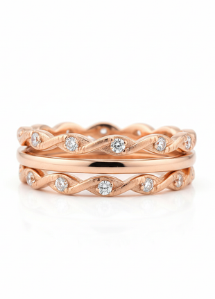 Women's rose gold stackable ring set of 3 with twisted and gemstone bands