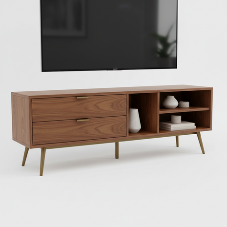Modern TV stand media console with warm walnut wood and brass legs