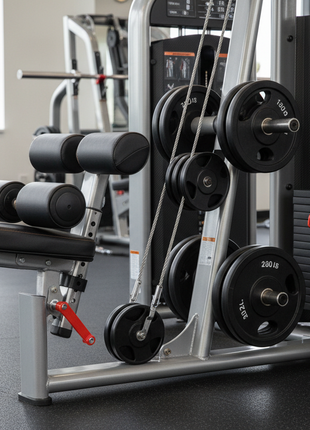 Side view of lat pulldown showing pulley system and seat