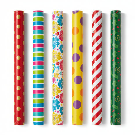 Assorted decorative wrapping paper rolls in festive patterns