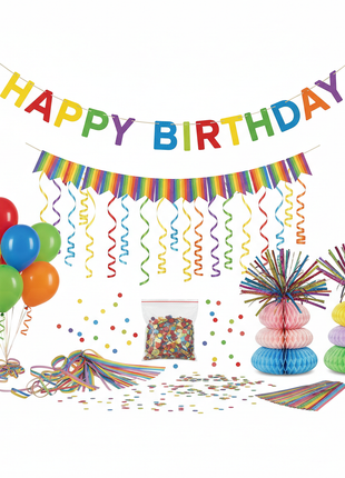 Complete birthday party decoration set with banner, streamers, confetti and balloons