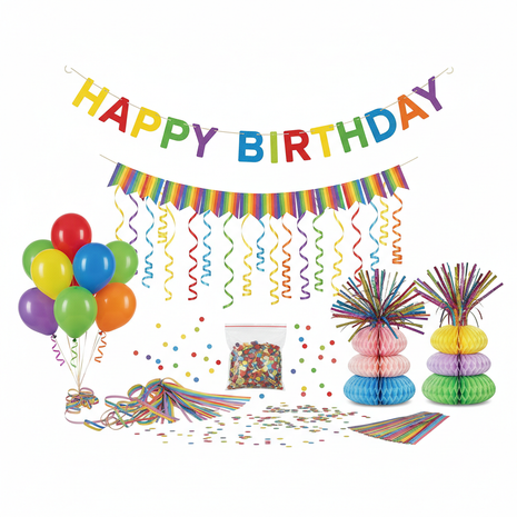 Complete birthday party decoration set with banner, streamers, confetti and balloons