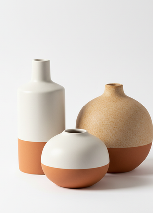 Set of 3 decorative ceramic vases in matte white and terracotta