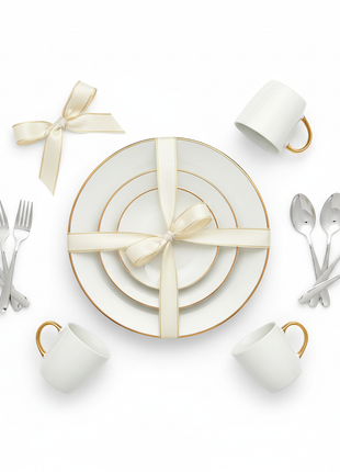 Complete Kitchen Starter Bundle with white gold plates mugs and stainless steel flatware