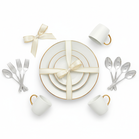 Complete Kitchen Starter Bundle with white gold plates mugs and stainless steel flatware