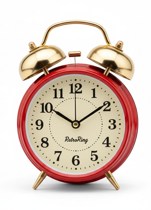 RetroRing red vintage twin bell alarm clock with analog face