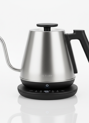 Stainless steel electric kettle with temperature control on white background